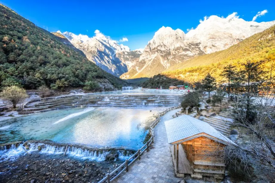 The turquoise terraced pools of Blue Moon Valley below the snow peaks of Jade Dragon Snow Mountain near Lijiang