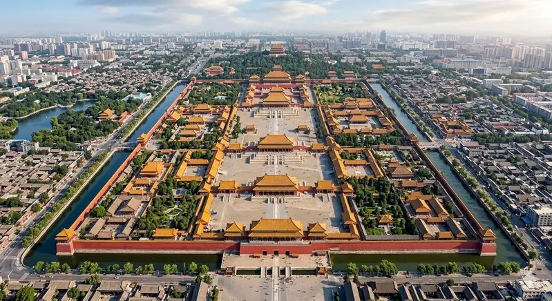 Aerial view of the Forbidden City in Beijing — golden roofs and red walls inside its moat and outer walls