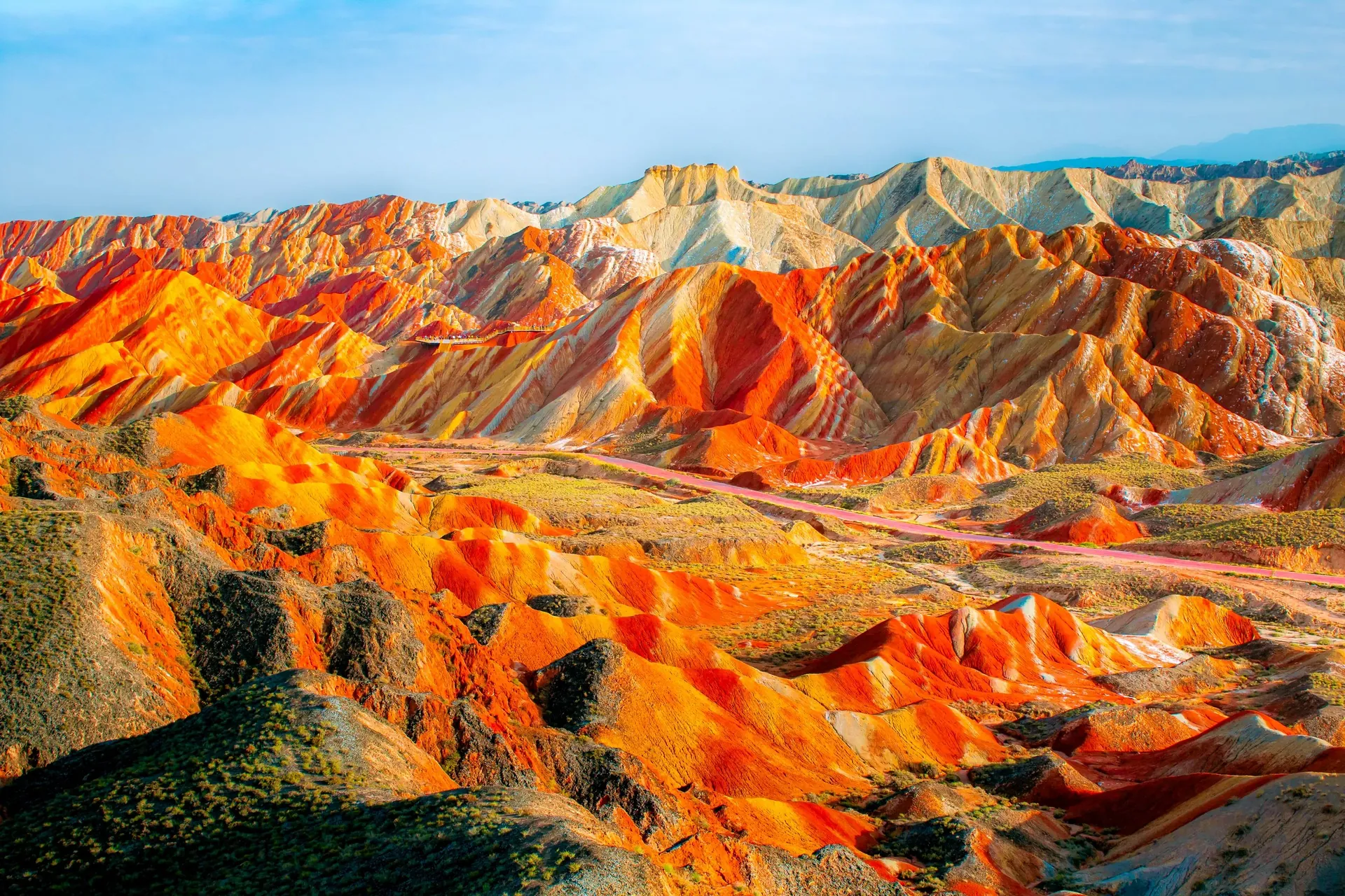 The rainbow-striped Danxia hills at Zhangye in Gansu, striped ridges in late light