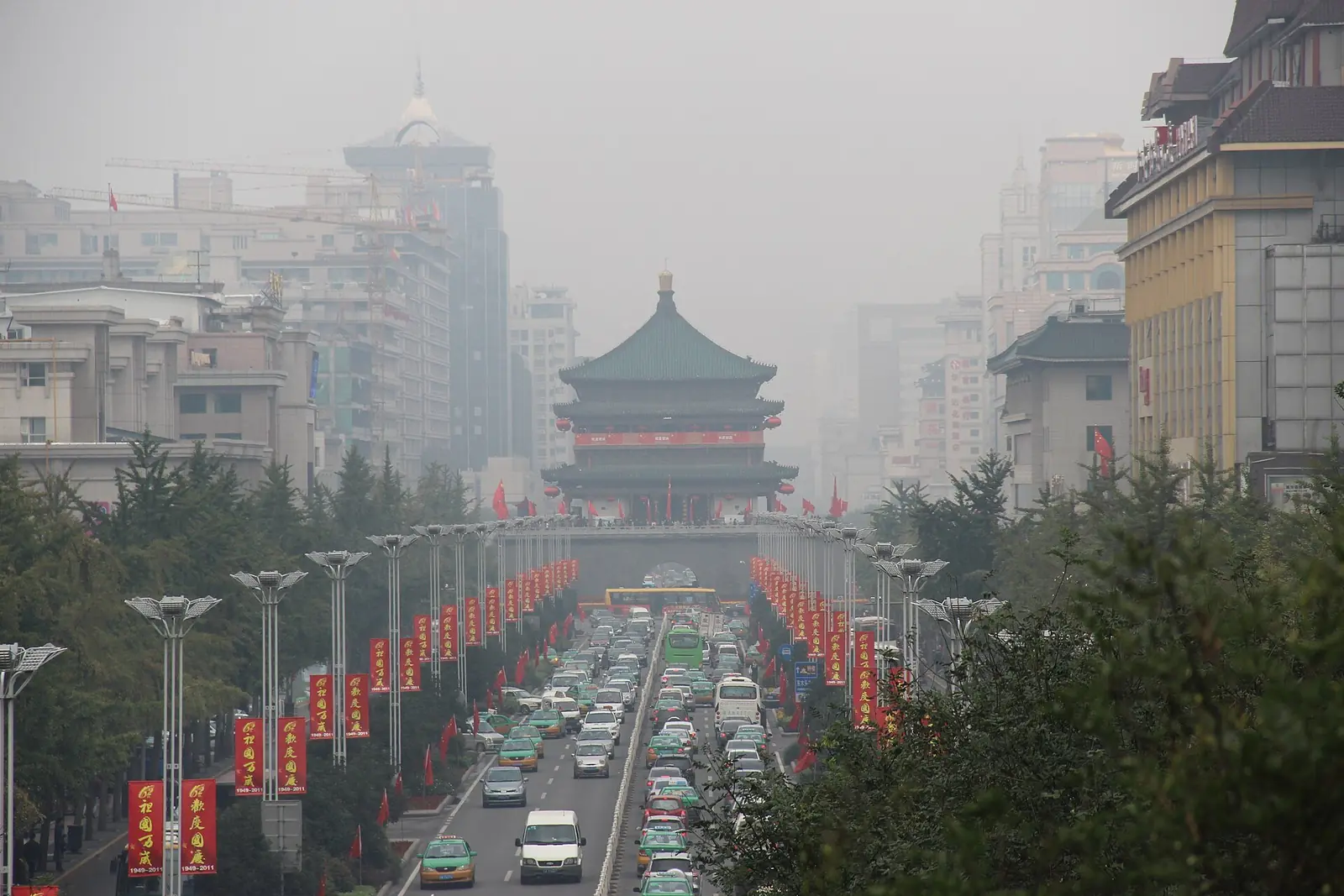 Xi'an's Bell Tower at the end of the avenue from the Ming dynasty city wall